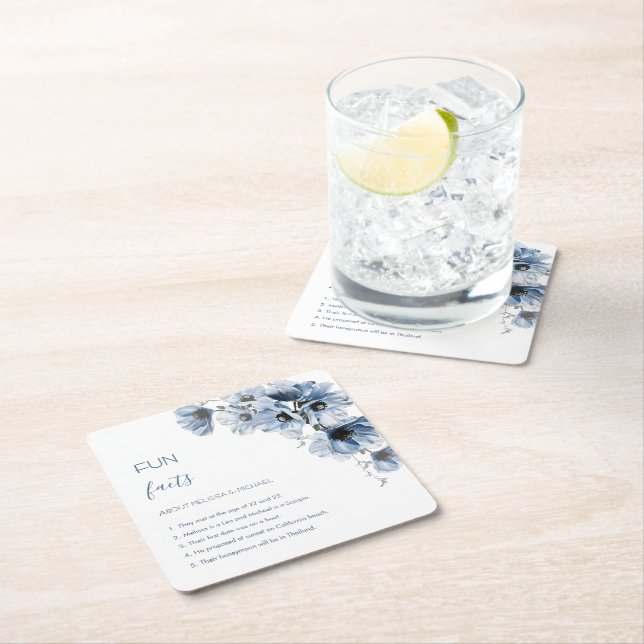 Blue Flowers Wedding Fun Facts Square Paper Coaster (Insitu)