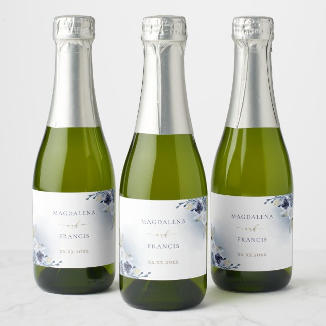 blue flowers wedding sparkling wine label (Bottles)