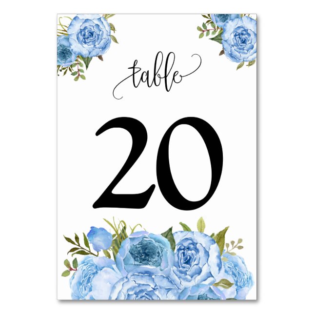 Blue Flowers Wedding Table Number (Front)
