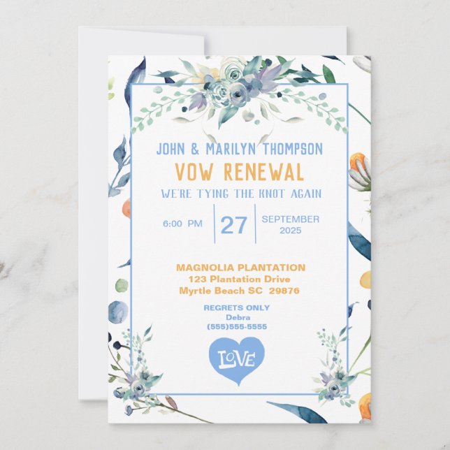 Blue Flowers Wedding Vow Renewal Invitation (Front)