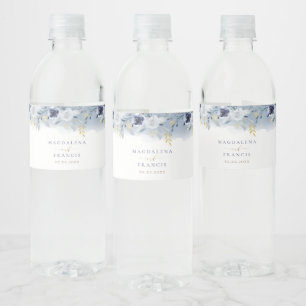 blue flowers wedding water bottle label