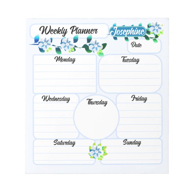 Blue Flowers Weekly Planner Notepad (Front)