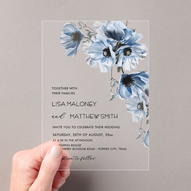Blue Flowers White Clear Wedding Invitation (Insitu (Handheld))
