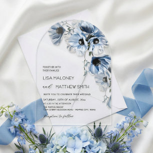 Blue Flowers White Clear Wedding Invitation