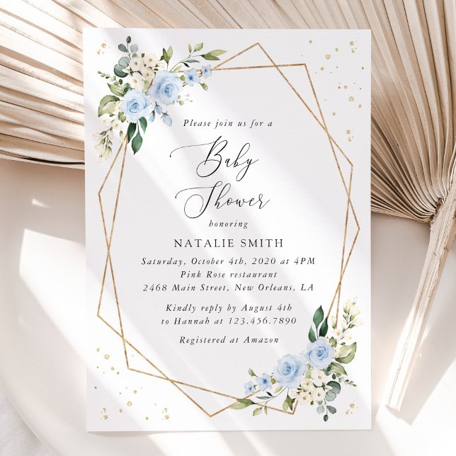 Blue Flowers, White Flowers, Greenery, Baby Shower Invitation (Creator Uploaded)