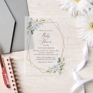 Blue Flowers, White Flowers, Greenery, Baby Shower Vellum Invitations