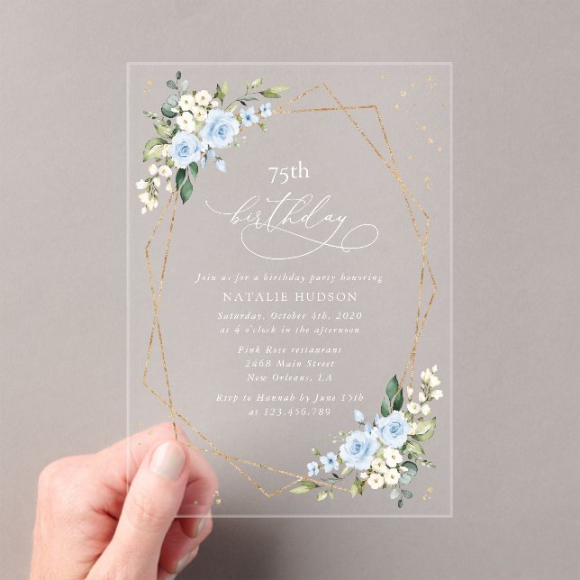 Blue Flowers, White Flowers, Greenery, Birthday Acrylic Invitations (Insitu (Handheld))