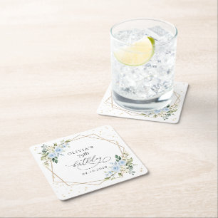 Blue Flowers, White Flowers, Greenery, Birthday Square Paper Coaster