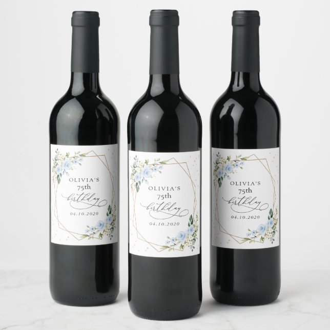 Blue Flowers, White Flowers, Greenery, Birthday Wine Label (Bottles)