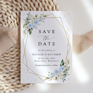 Blue Flowers, White Flowers, Greenery, Wedding Save The Date