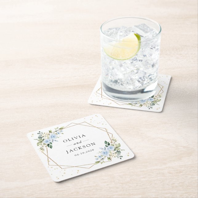 Blue Flowers, White Flowers, Greenery, Wedding Square Paper Coaster (Insitu)