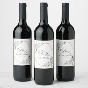 Blue Flowers, White Flowers, Greenery, Wedding Wine Label