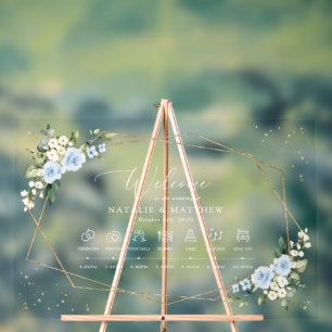 Blue Flowers, White Flowers, Wedding Timeline Acrylic Sign