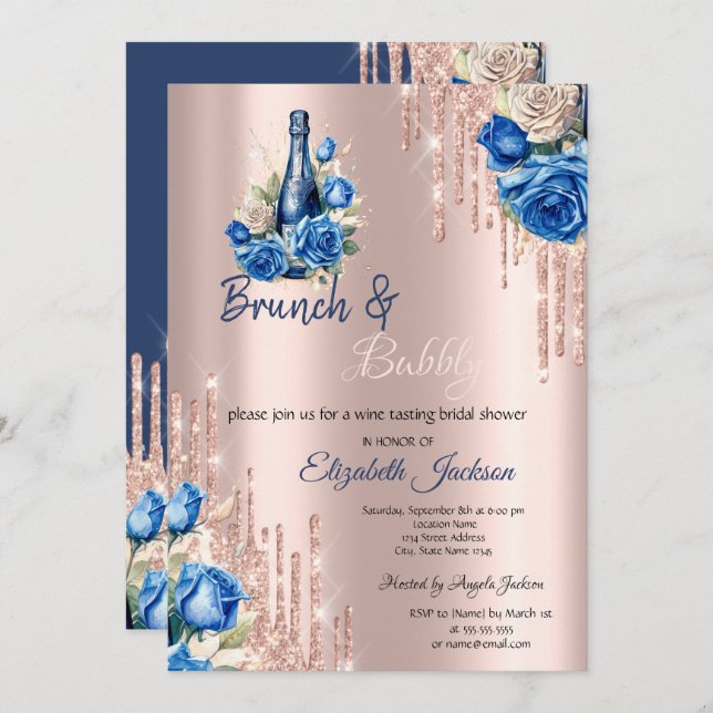 Blue Flowers Wine Drips Brunch & Bubbly  Invitation (Front/Back)