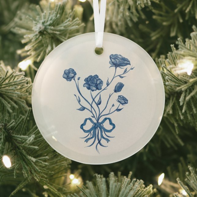 Blue Flowers With Bow Glass Ornament (Insitu)