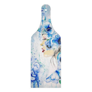Blue Flowers Woman Cutting Board Fantasy Painting