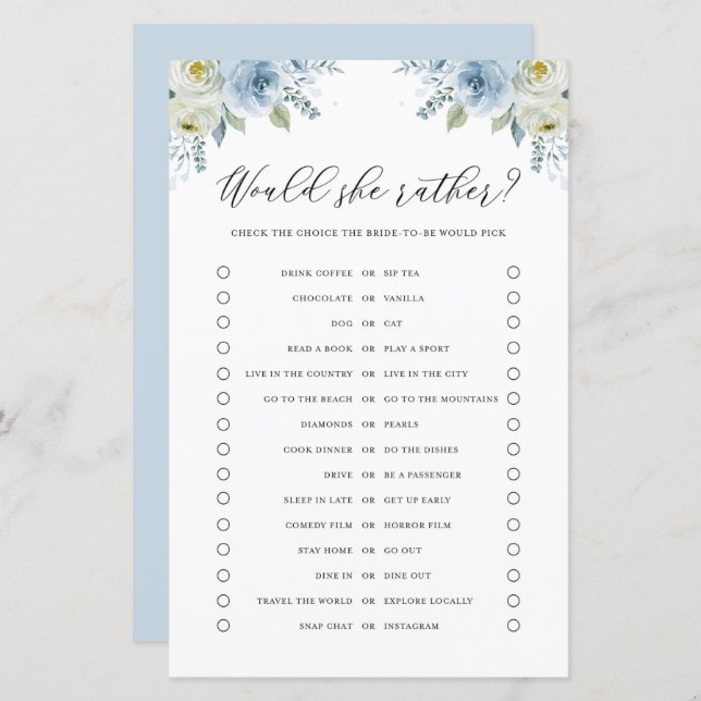 Blue Flowers Would Bride Rather Bridal Shower Game (Front/Back)