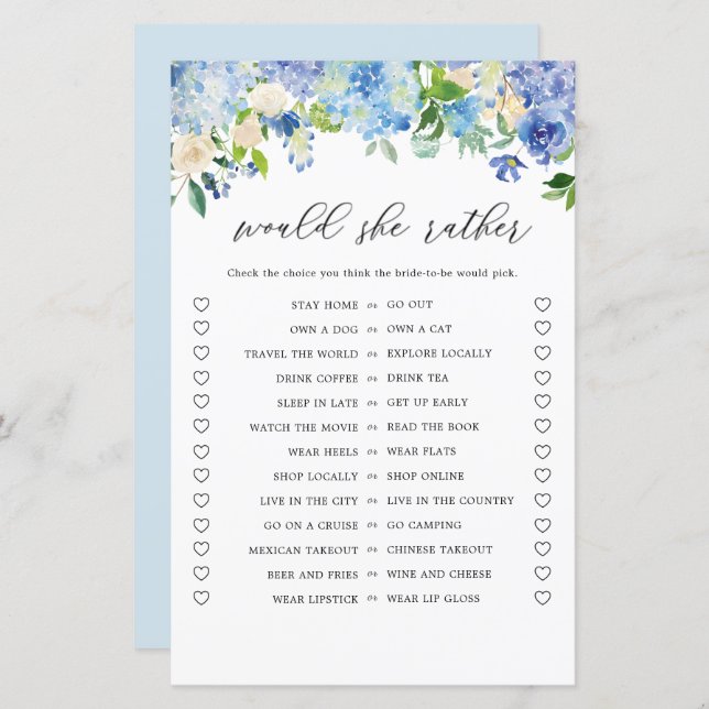 Blue Flowers Would She Rather Bridal Shower Game  (Front/Back)