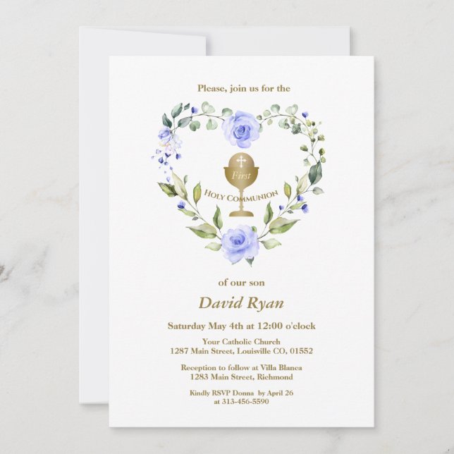 Blue Flowers Wreath Boy First Holy Communion Invitation (Front)