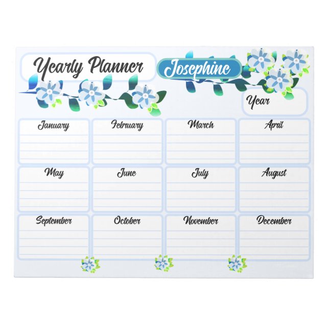 Blue Flowers Yearly Planner Notepad (Front)