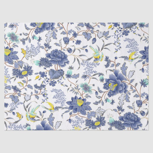 Blue Flowers Yellow Birds Tissue Paper (Front)
