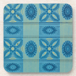 Blue flowers yellow stripes vintage art Pattern Coaster