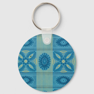 Blue  flowers yellow stripes vintage art Pattern  Key Ring