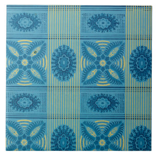 Blue  flowers yellow stripes vintage art tile