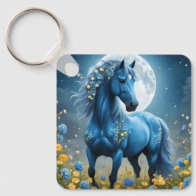 Blue Flowery Fantasy Horse, Key Ring (Front)