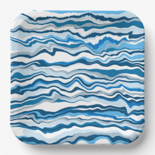 Blue Fluid Art Marble Pour Painting Stripe Paper Plate