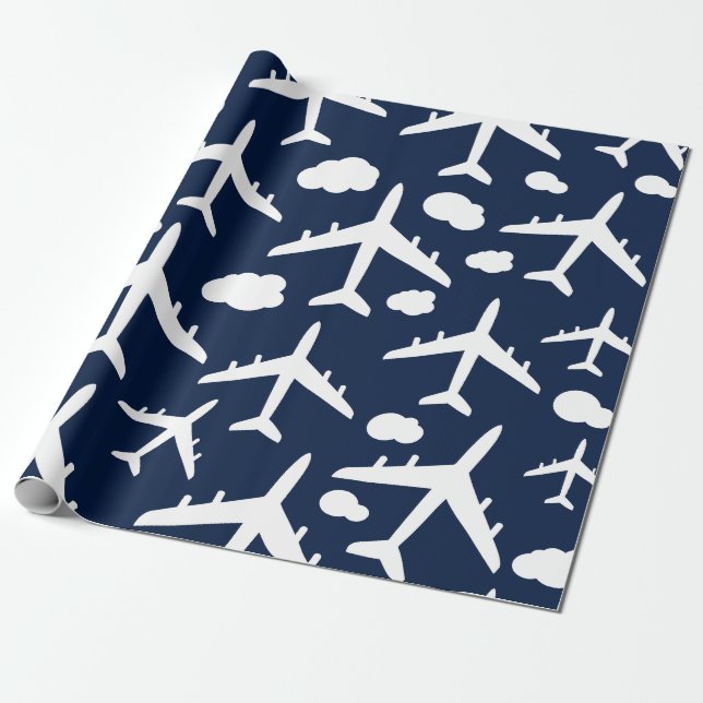 Blue flying aeroplanes aircraft pattern  wrapping paper (Unrolled)