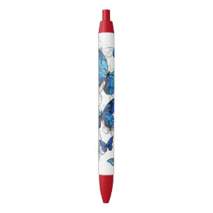 Blue Flying Butterflies Morpho Black Ink Pen