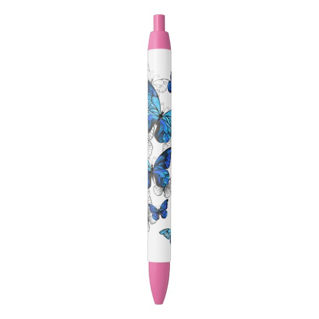 Blue Flying Butterflies Morpho Black Ink Pen (Front Vertical)