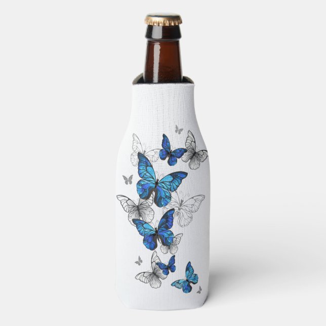 Blue Flying Butterflies Morpho Bottle Cooler (Bottle Front)