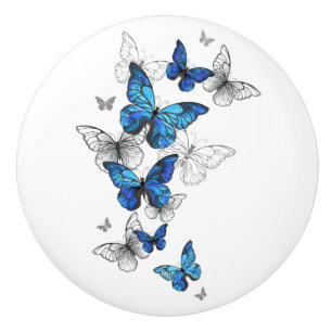 Blue Flying Butterflies Morpho Ceramic Knob
