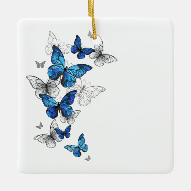 Blue Flying Butterflies Morpho Ceramic Ornament (Front)