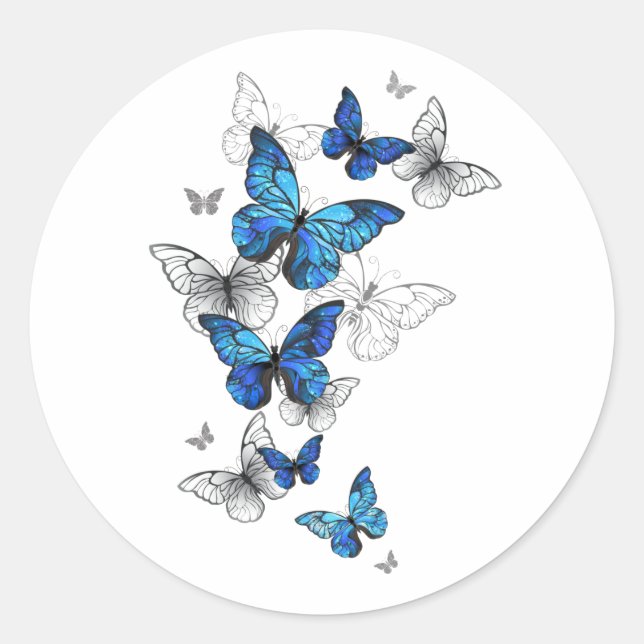 Blue Flying Butterflies Morpho Classic Round Sticker (Front)
