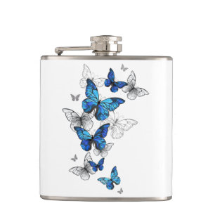 Blue Flying Butterflies Morpho Hip Flask