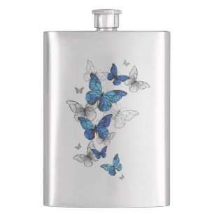 Blue Flying Butterflies Morpho Hip Flask