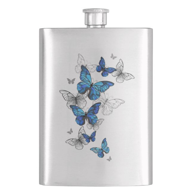 Blue Flying Butterflies Morpho Hip Flask (Front)