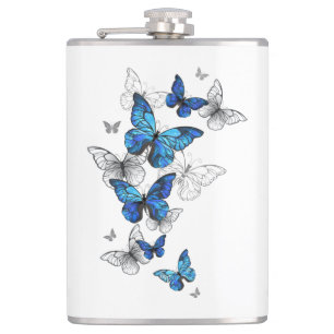 Blue Flying Butterflies Morpho Hip Flask