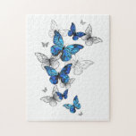 Blue Flying Butterflies Morpho Jigsaw Puzzle<br><div class="desc">Flying Blue Butterflies morpho and white butterflies on a light abstract background. Morpho. Design with blue butterflies morpho.</div>
