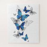 Blue Flying Butterflies Morpho Jigsaw Puzzle<br><div class="desc">Flying Blue Butterflies morpho and white butterflies on a light abstract background. Morpho. Design with blue butterflies morpho.</div>
