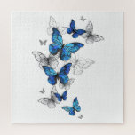Blue Flying Butterflies Morpho Jigsaw Puzzle<br><div class="desc">Flying Blue Butterflies morpho and white butterflies on a light abstract background. Morpho. Design with blue butterflies morpho.</div>