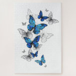 Blue Flying Butterflies Morpho Jigsaw Puzzle<br><div class="desc">Flying Blue Butterflies morpho and white butterflies on a light abstract background. Morpho. Design with blue butterflies morpho.</div>