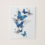 Blue Flying Butterflies Morpho Jigsaw Puzzle<br><div class="desc">Flying Blue Butterflies morpho and white butterflies on a light abstract background. Morpho. Design with blue butterflies morpho.</div>