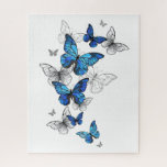 Blue Flying Butterflies Morpho Jigsaw Puzzle<br><div class="desc">Flying Blue Butterflies morpho and white butterflies on a light abstract background. Morpho. Design with blue butterflies morpho.</div>