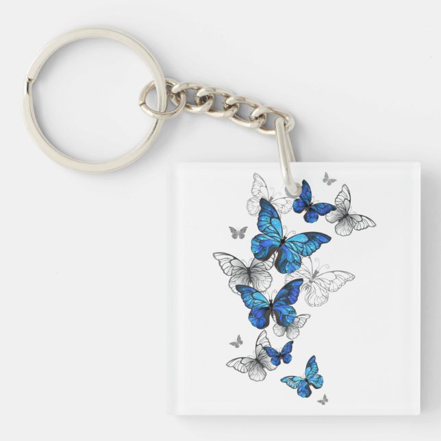 Blue Flying Butterflies Morpho Key Ring (Front)