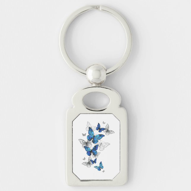 Blue Flying Butterflies Morpho Key Ring (Front)