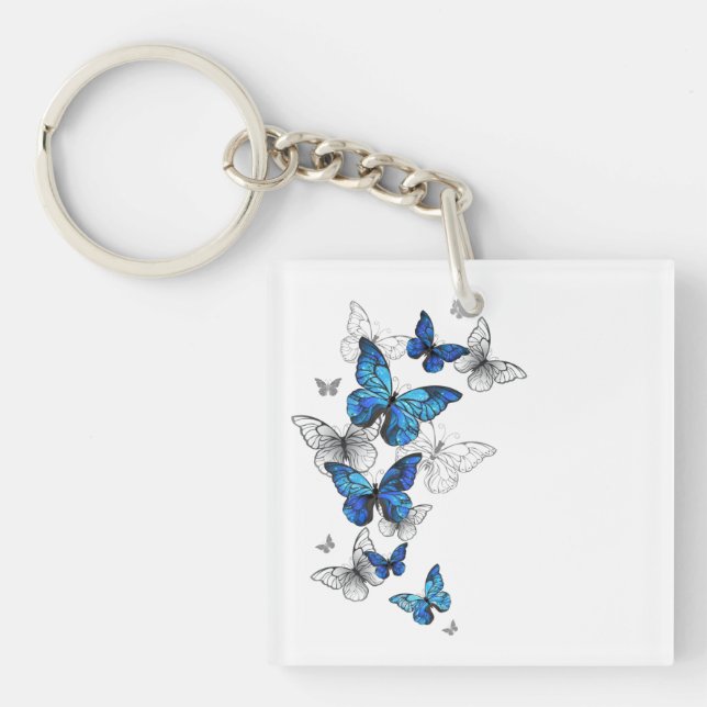 Blue Flying Butterflies Morpho Key Ring (Front)